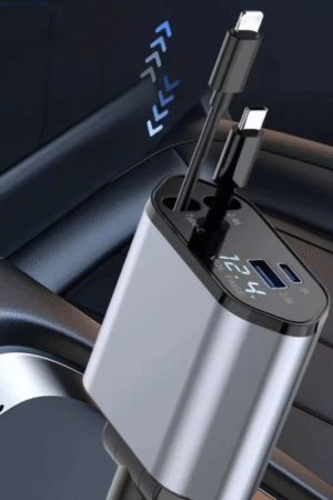 4-in-1 Retractable Car Charger 100W – USB-C PD & USB-A Fast Charging