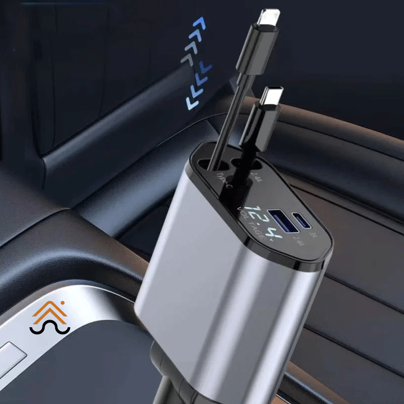 4-in-1 Retractable Car Charger 100W – USB-C PD & USB-A Fast Charging