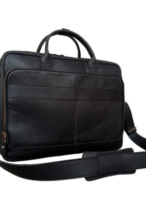 Black glossy leather executive laptop briefcase with buckle closure, featuring a professional three-quarter view floating on a high-contrast studio background.