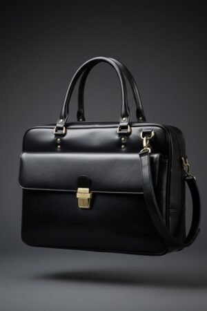 Black glossy leather executive laptop briefcase with buckle closure