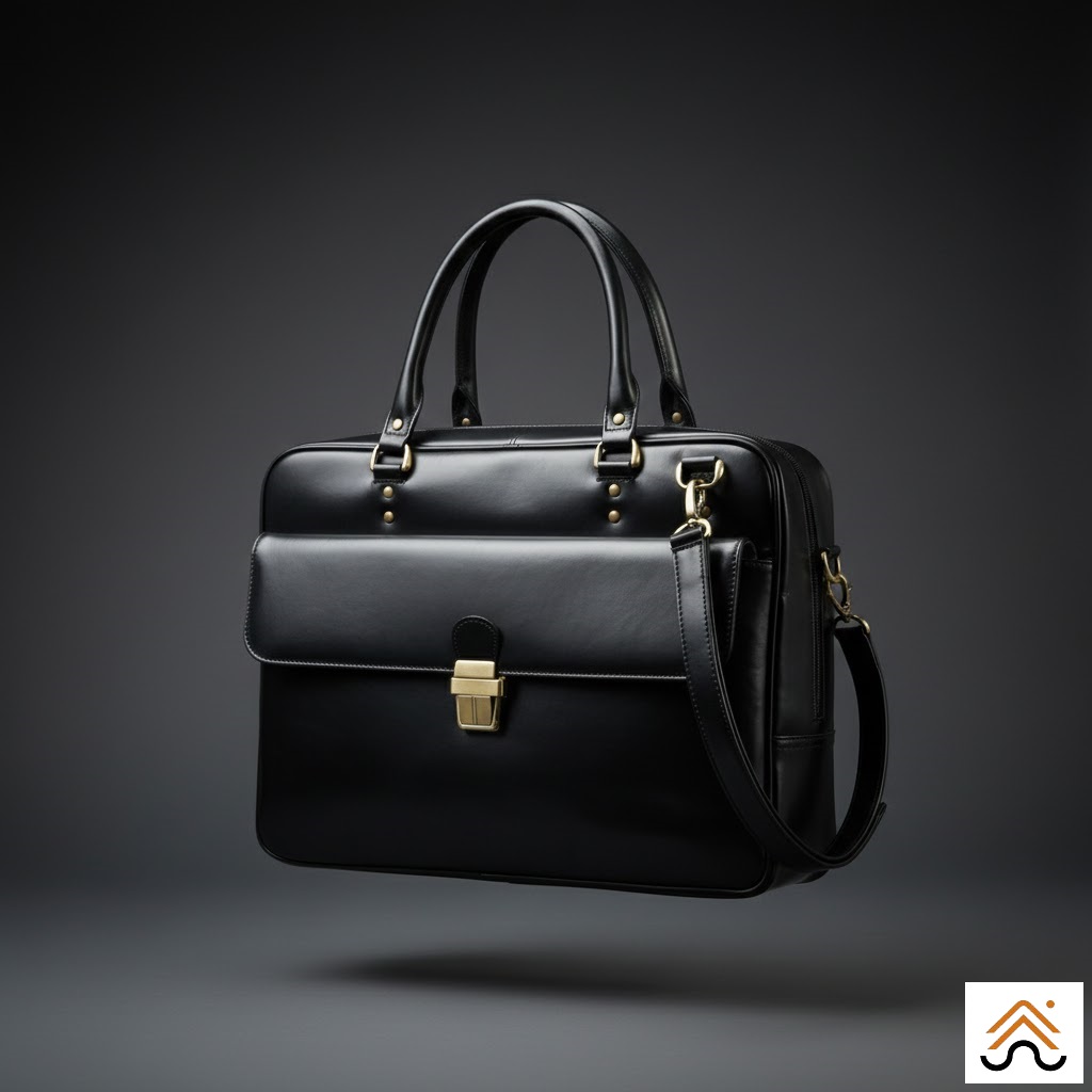 Black glossy leather executive laptop briefcase with buckle closure